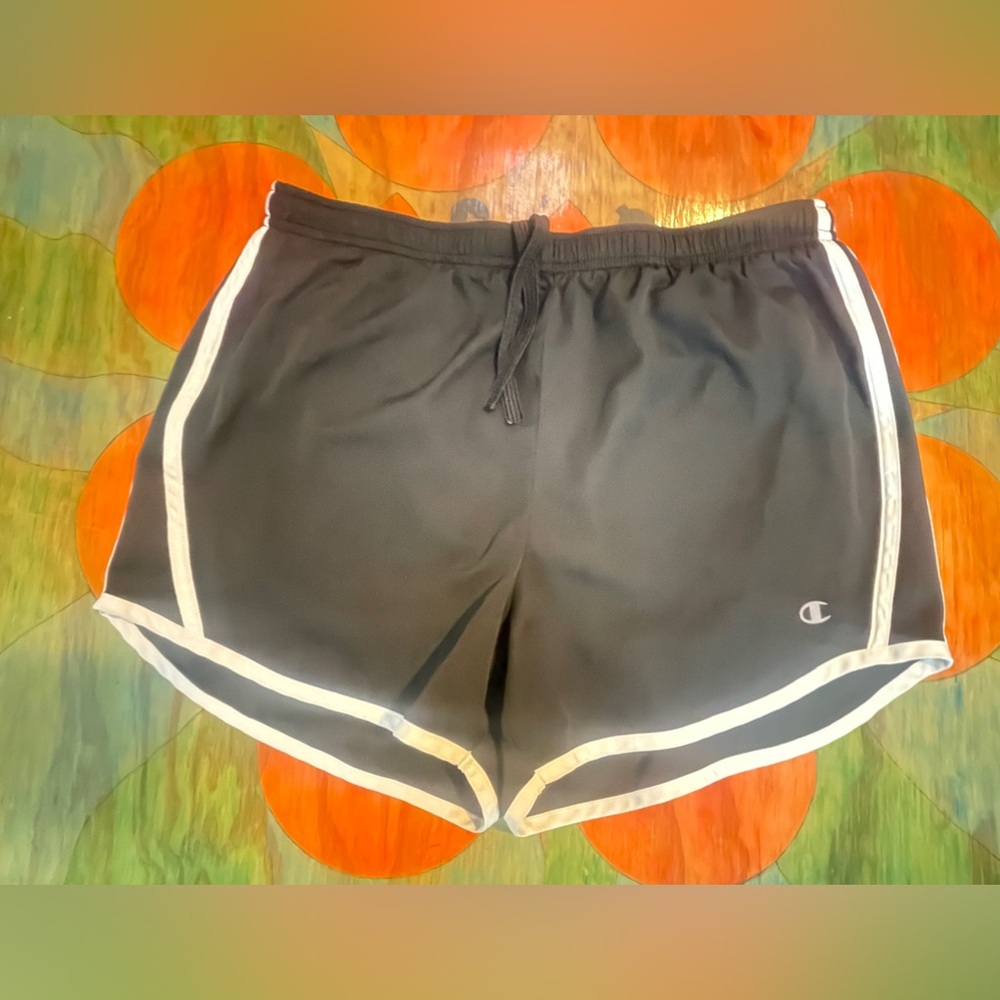 Womens Champion Running Shorts Black With White Trim Medium Key Pocket Elastic.